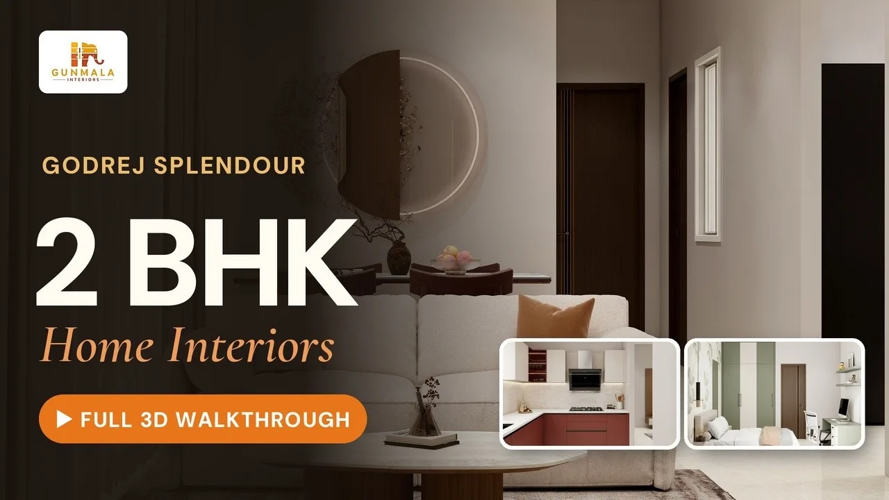 Title card for the Godrej Splendour 2 BHK walkthrough, over a living area with kitchen and bedroom insets