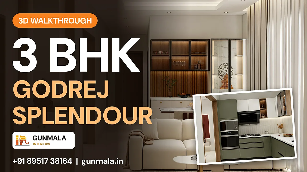 Title card for a Godrej Splendour 3 BHK walkthrough, over a living area with a crockery unit and a kitchen inset