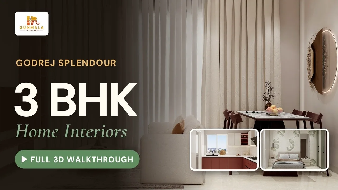 Title card for the Godrej Splendour 3 BHK walkthrough, over a living and dining area with kitchen and bedroom insets