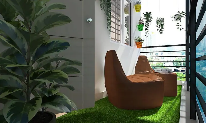 Alternate view of a balcony design with planters and casual seating