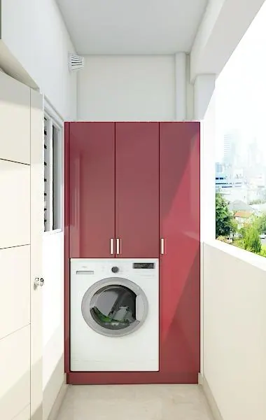 Utility area scheme with a maroon gloss tall unit enclosing the washing machine
