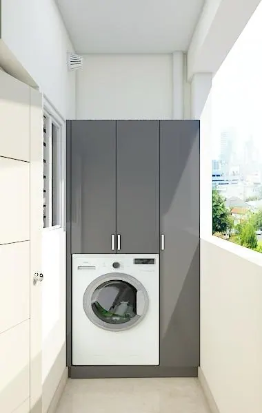 Alternate utility area scheme with concealed laundry storage