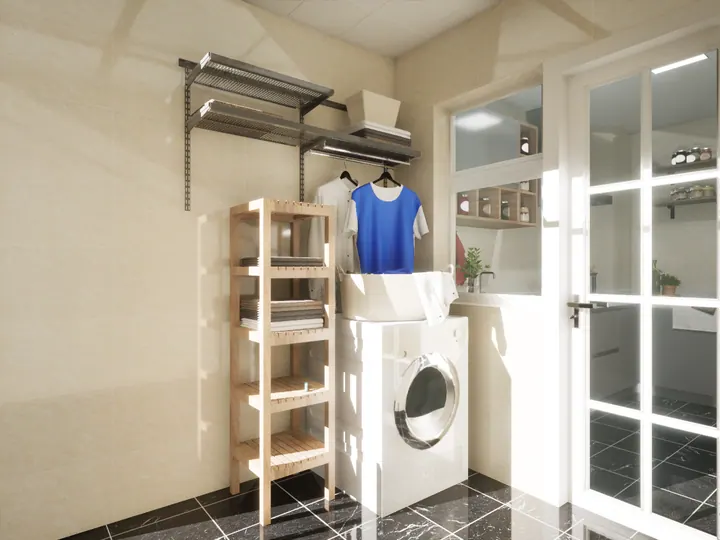 Utility area design with wall-mounted drying racks, an open timber rack and a washing machine