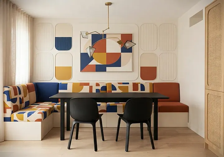 Banquette dining nook with patterned cushions, wall art panels and black chairs