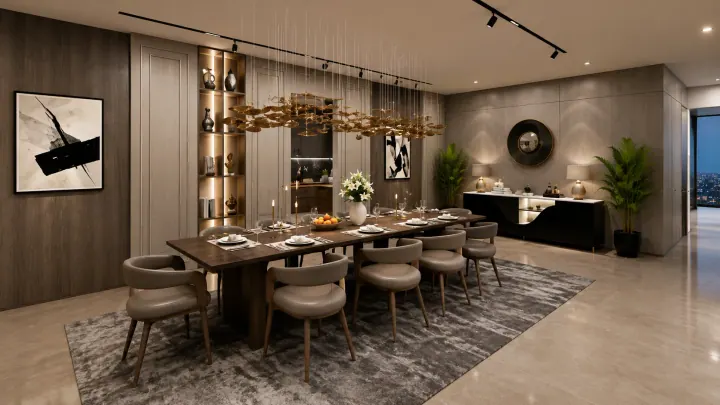 Dark wood dining room with a backlit bar display and a branch chandelier