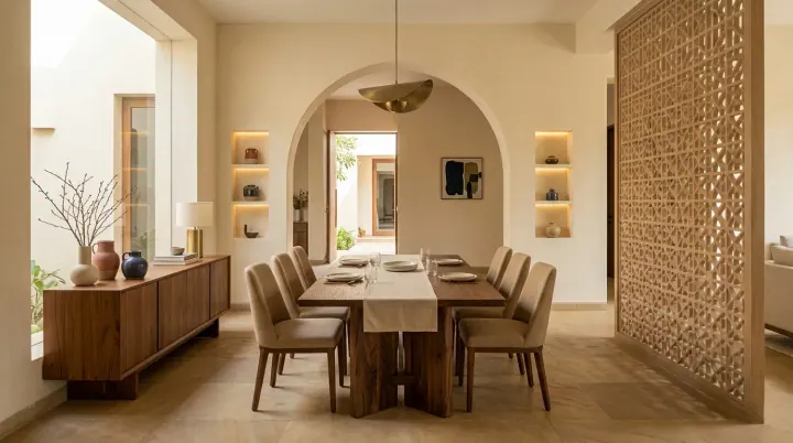 Dining room with an arched display niche and a timber jaali screen