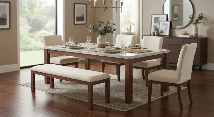 Dining room with bench seating, upholstered chairs and a crockery unit