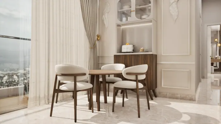 Dining room with classic wall panelling, a crockery cabinet and sheer curtains