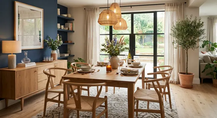 Dining room with a navy accent wall, wishbone chairs and a rattan pendant