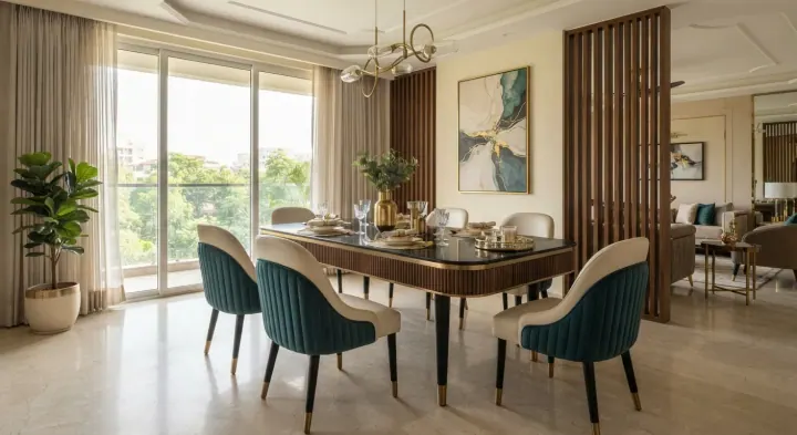 Dining room with teal chairs, a slatted wood partition and balcony view