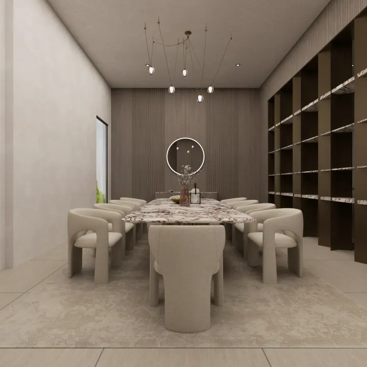 Formal dining room with full-height display shelving and a round mirror