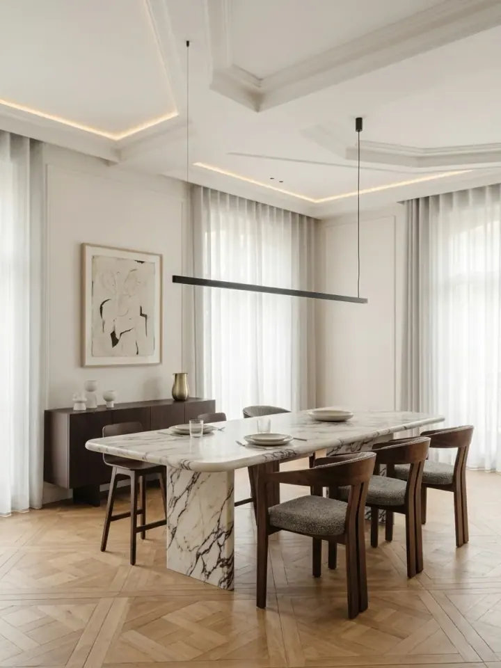 Dining room with a marble-topped table, linear pendant and cove-lit ceiling