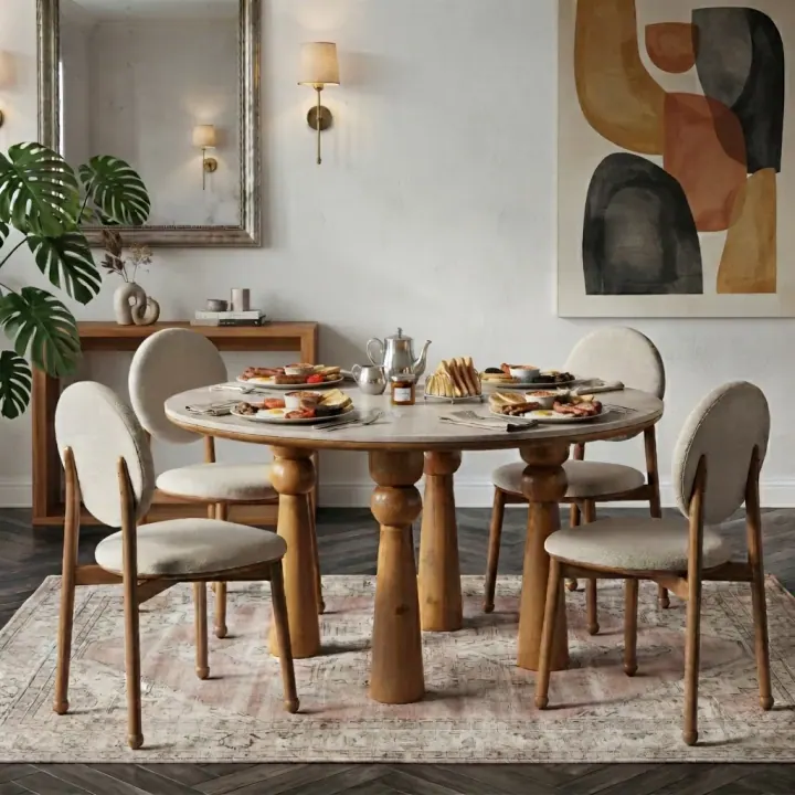 Dining corner with a round turned-leg wooden table, curved chairs and abstract art