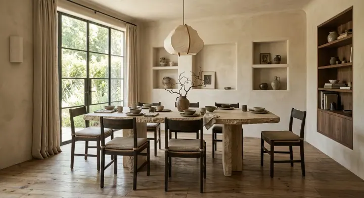 Rustic dining room with plastered wall niches, a rattan pendant and wooden chairs
