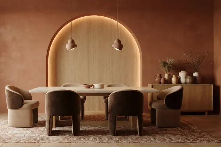 Terracotta dining room with an arched backlit niche and velvet chairs