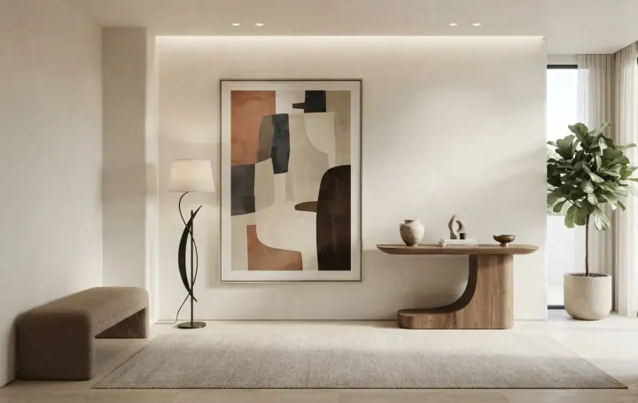 Foyer with abstract art, a curved wood console and a bench