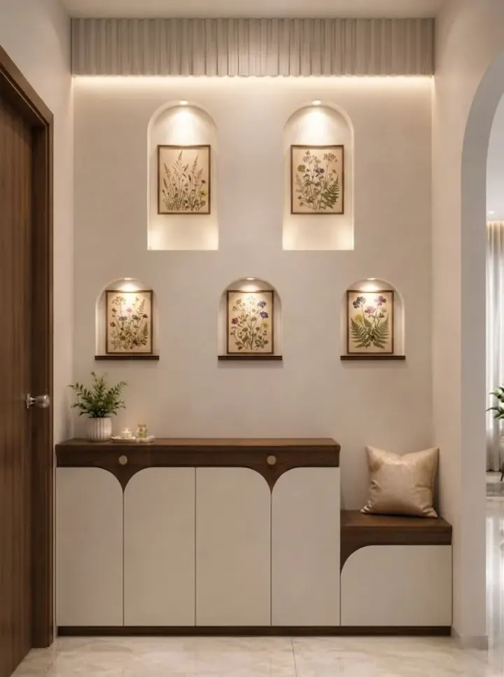 Foyer with arched backlit niches, botanical prints and a bench