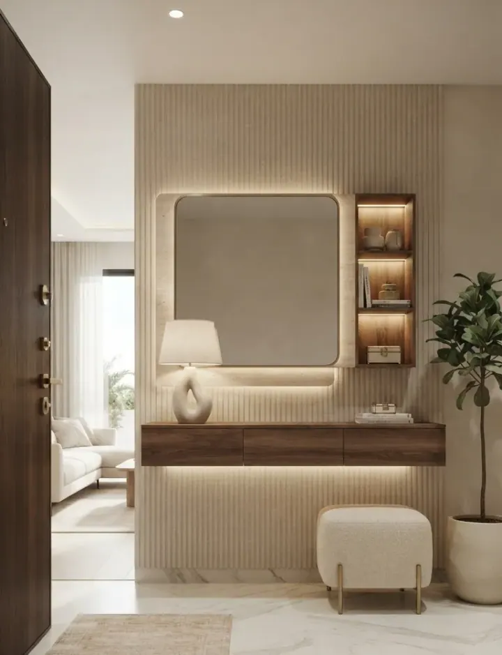 Foyer with a backlit mirror, fluted wall panel and a compact dresser