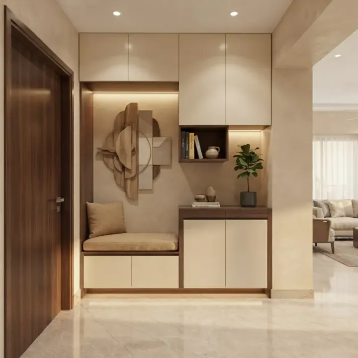 Foyer with a bench seat, shoe storage and a wall sculpture