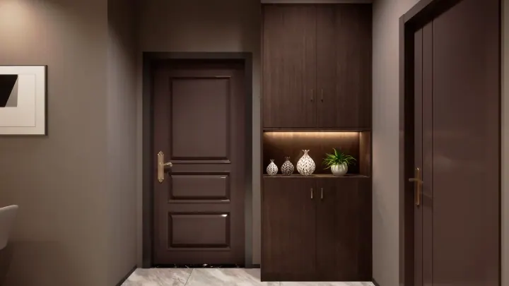 Foyer with a panelled entrance door, backlit niche and wood panelling