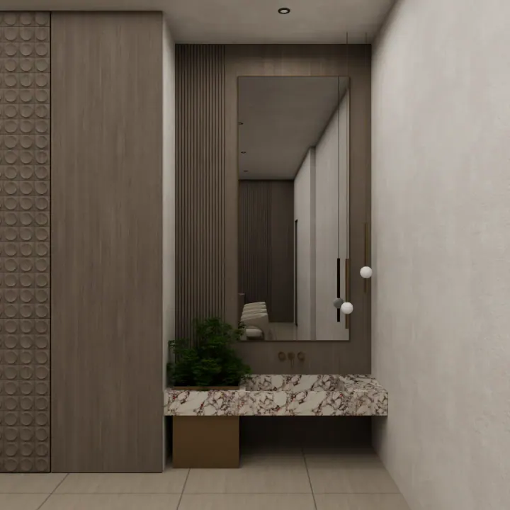 Foyer with a marble bench, full-height mirror and fluted panel