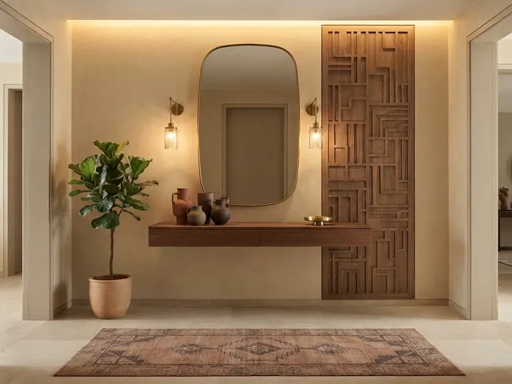 Foyer with an organic-shaped mirror, carved wood panel and brass sconces