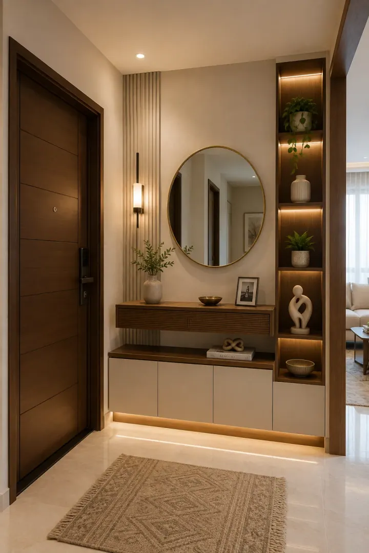 Foyer with a round mirror, wood shelving column and a shoe cabinet