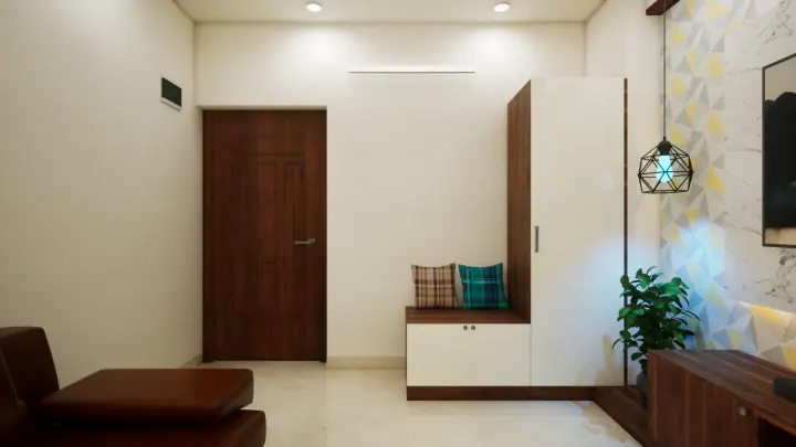 Foyer with a shoe cabinet, bench and geometric wallpaper