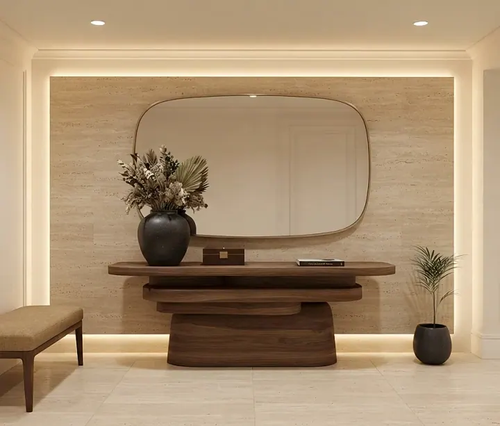 Entrance foyer with a travertine wall, rounded mirror and a floating console