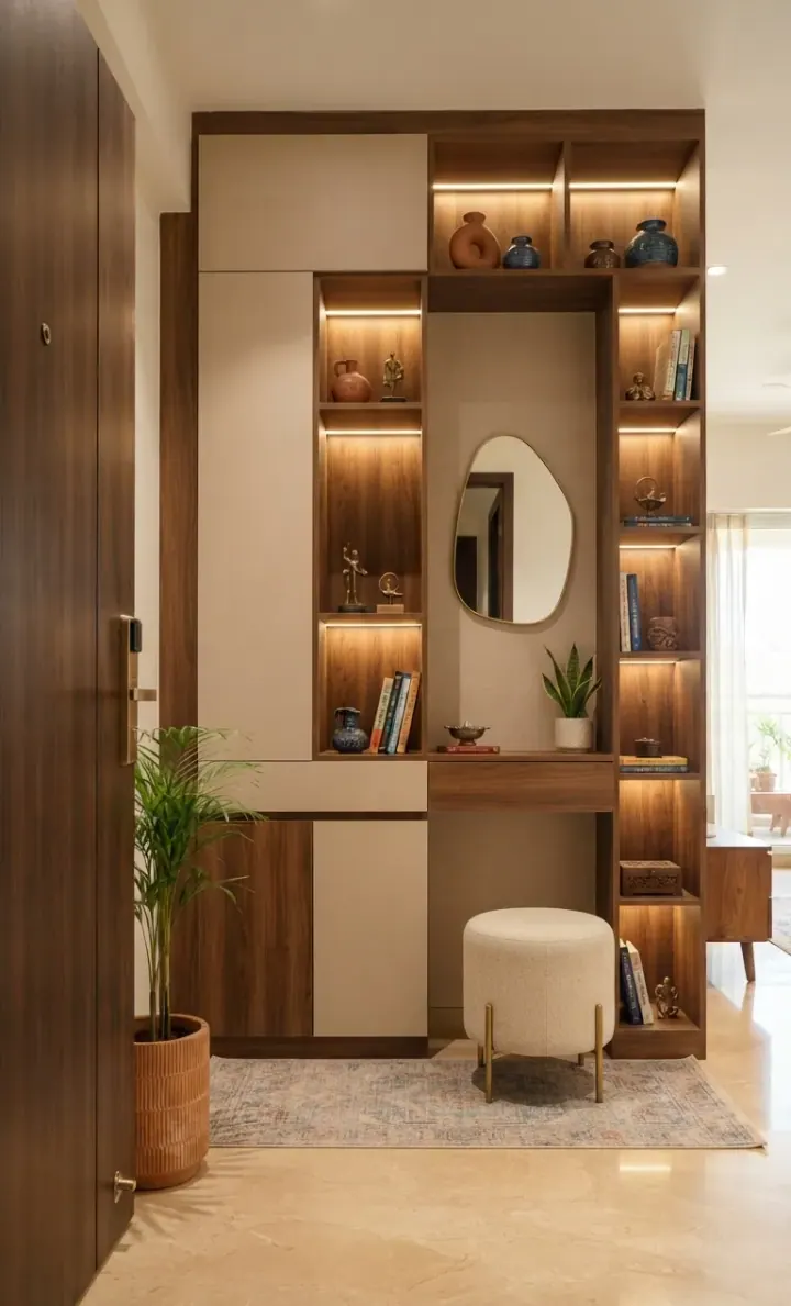 Foyer with wood display shelving, an oval mirror and a small stool