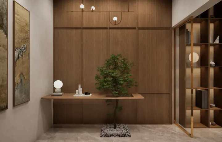 Foyer with wood panelling, a floating shelf, bonsai and a display unit