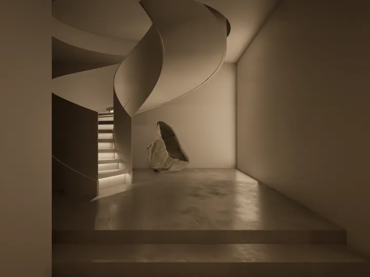 Foyer with a sculptural white spiral staircase, concealed step lighting and a stone art piece