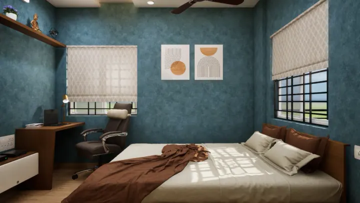 Bedroom with a blue textured wall, study desk and a window seat in the corner