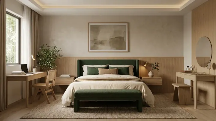 Compact bedroom with a green headboard, study desk and a round dressing mirror