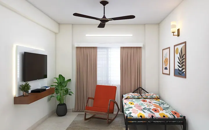 Guest bedroom design with a wall-mounted TV console and window seating