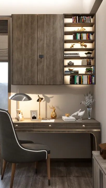 Home office nook with a veneer study desk, overhead storage and a backlit bookshelf