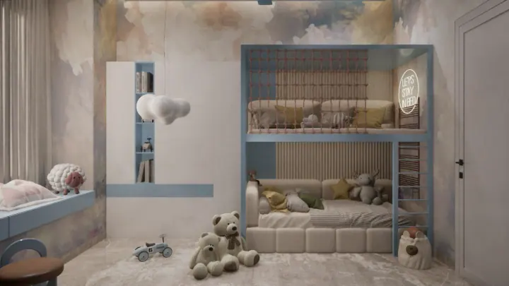 Kids bedroom with a bunk bed, powder blue joinery and a soft cloud mural