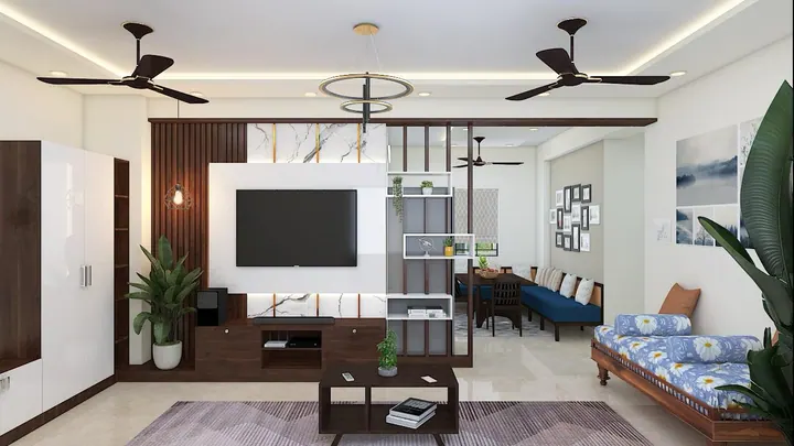 Wall-mounted TV unit design with open shelving for a 2BHK living room