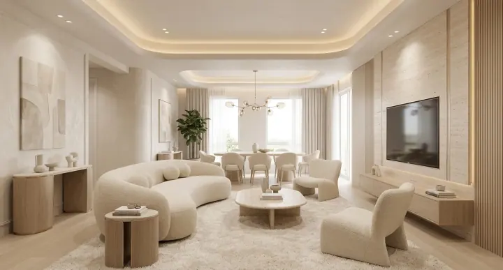 Cream living room with a curved sofa and a fluted TV wall