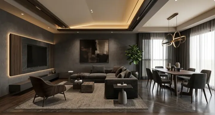 Dark living room with a grey sofa, TV wall and dining area