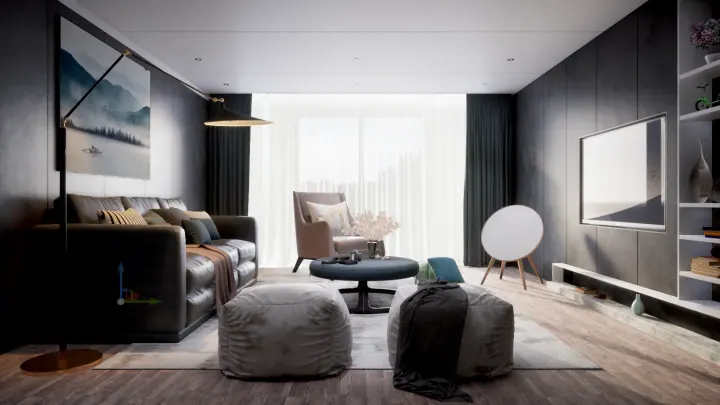 Dark living room with a navy sofa, bean bag and wall art