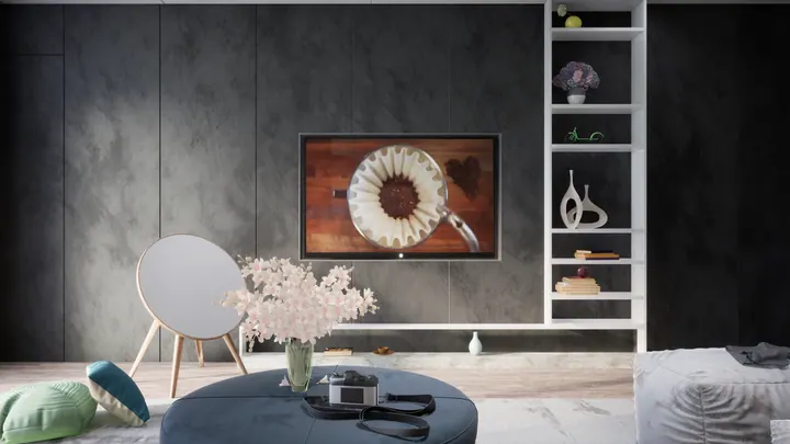 Living room TV wall in dark textured panelling with an open white display unit