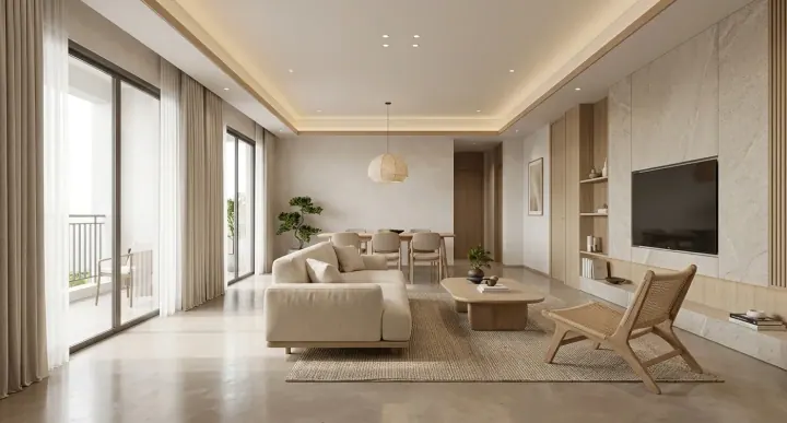 Light living room with a stone TV wall, sheer curtains and a rattan chair