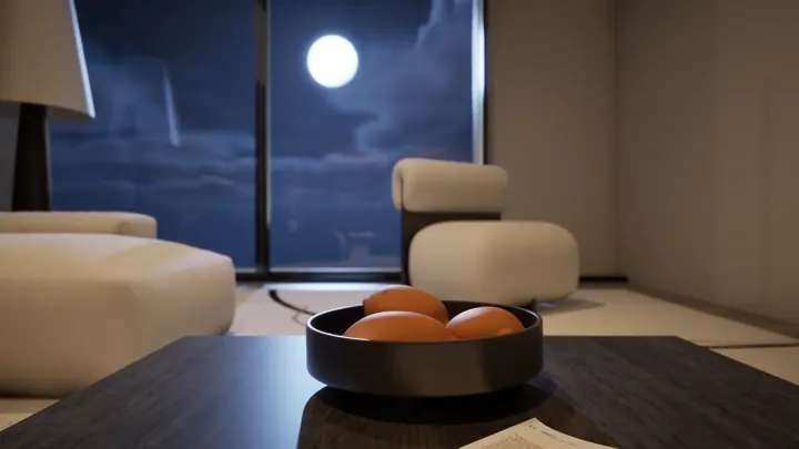 Coffee table styling detail in a living room with a night skyline through full-height glazing