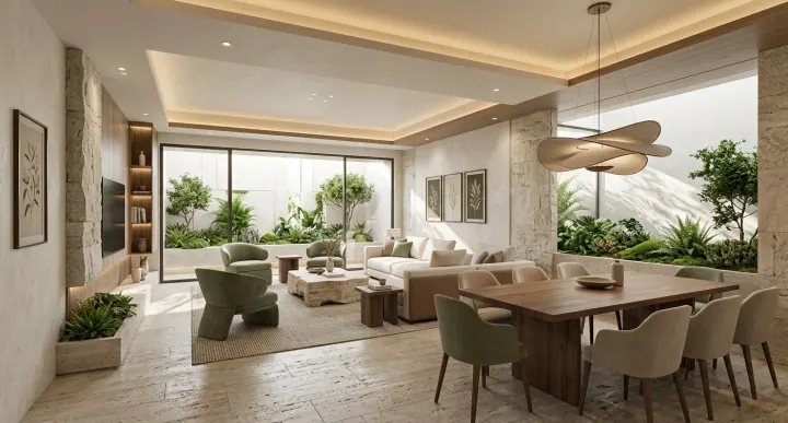 Living room with a garden view, green dining chairs and a stone feature wall