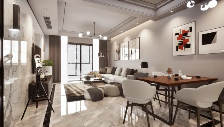 Living room with a marble floor, dark sofa and a dining table
