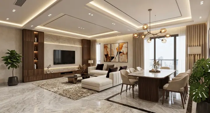 Living room with a marble floor, walnut TV wall and a dining table