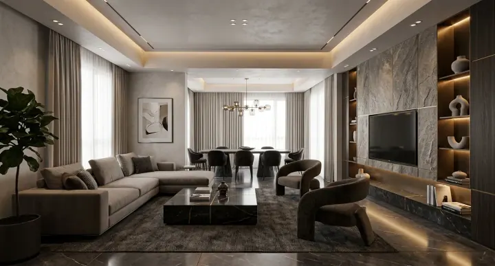Living room with a marble TV wall, dark ceiling coffers and dining table