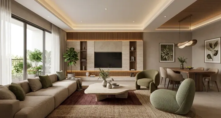Living room with sage green accent chairs and a wood-panelled TV wall