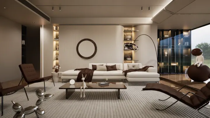 Living room with a sage sectional, round mirror and a night view